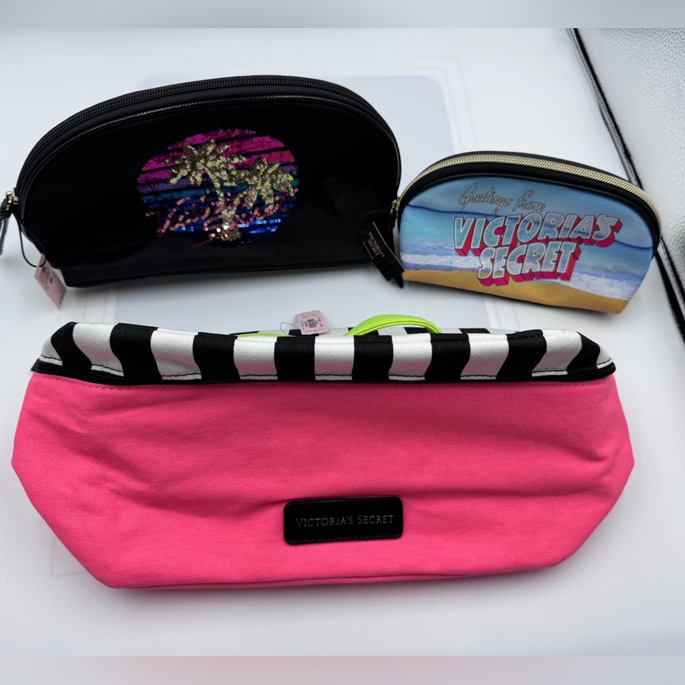 Lot of 3 Victoria's Secret Makeup Bags Cosmetic Sequin Beach